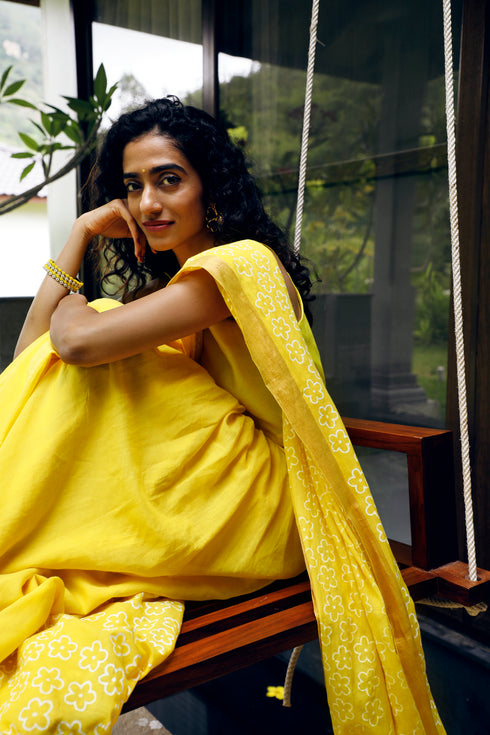 Handwoven Handprinted  Yellow Bengal Cotton Saree
